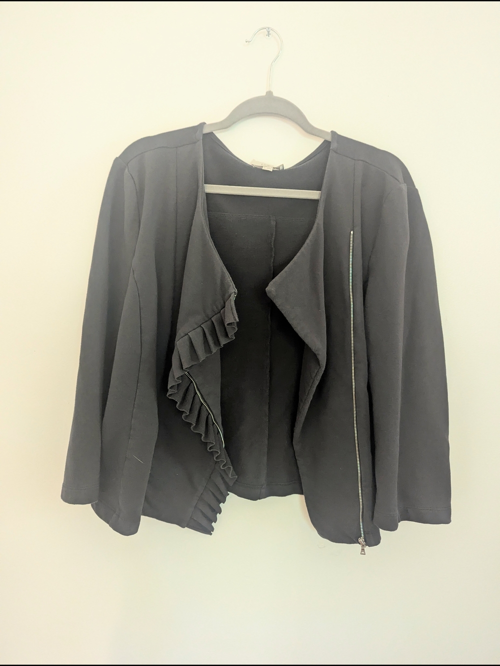LOFT Charcoal Ruffle Open-Front Jacket with Side Zip